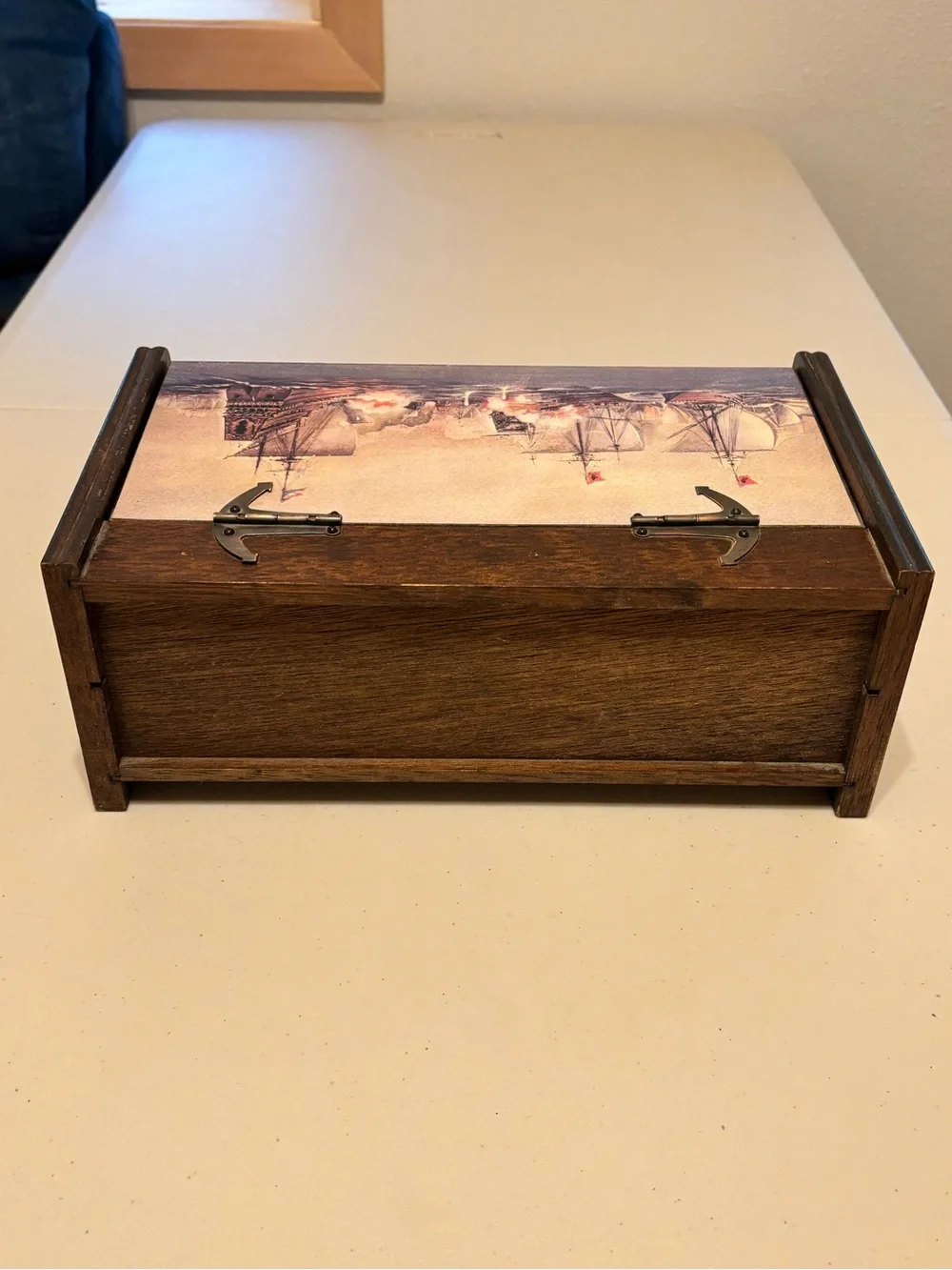 Vintage Wooden Jewelry Box with Nautical Sailing Ship Battle Scene Print on lid